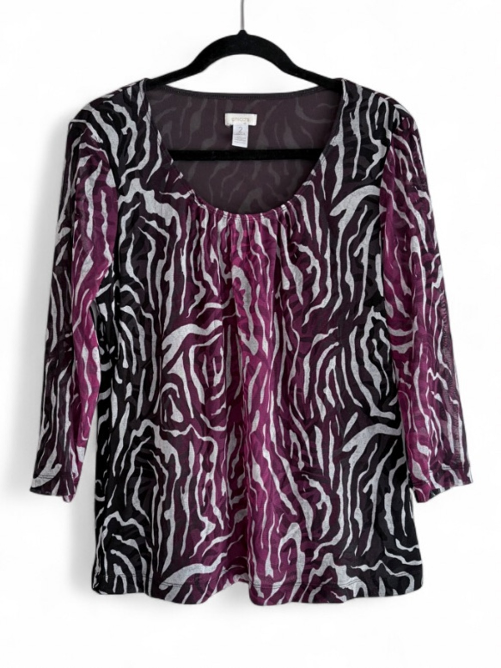 Chico's Scoop Neck 3/4 Sleeve Zebra Print Knit Blouse Size 2